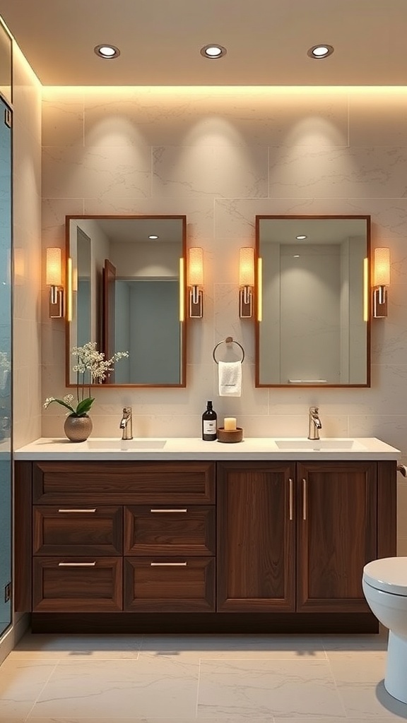A modern bathroom featuring a dark wood cabinet, dual sinks, and stylish lighting.