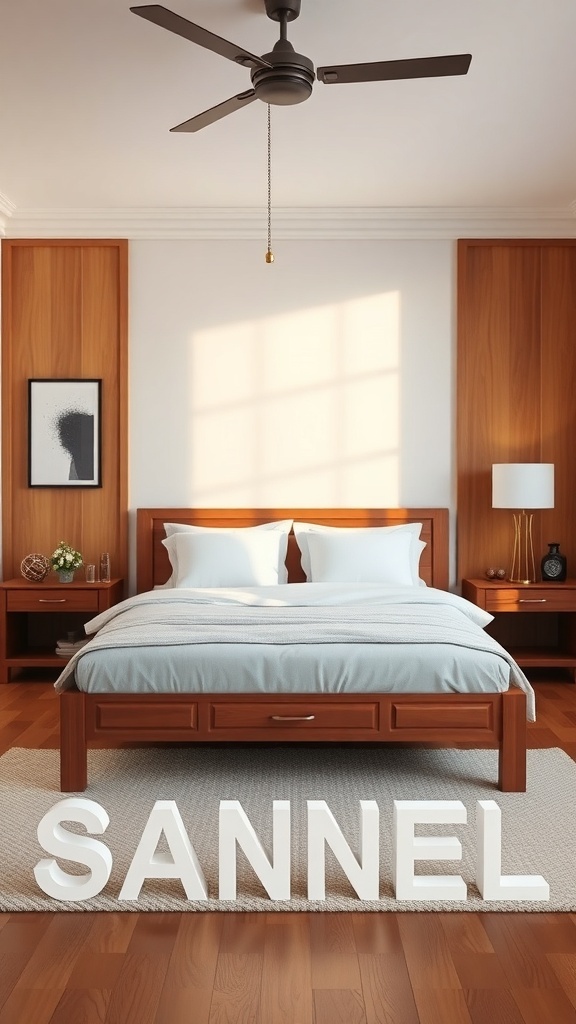 A serene olive green bedroom featuring natural wood furniture, including a bed frame, nightstands, and a cozy rug.