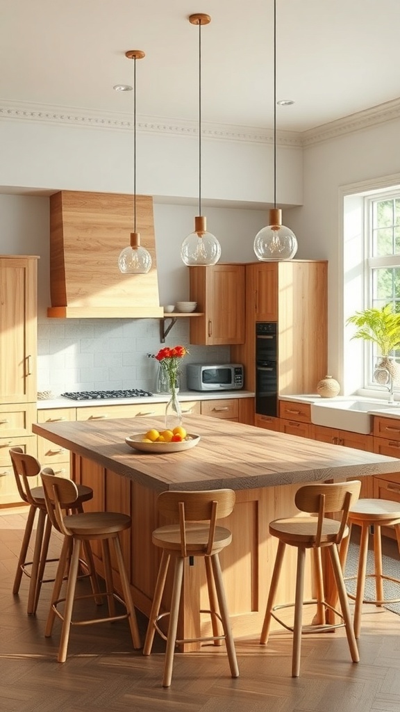 A modern kitchen featuring a natural wood island with seating, surrounded by wooden stools and pendant lighting.