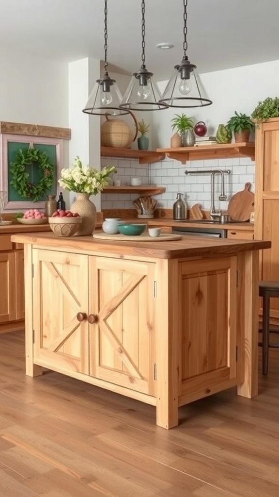 A natural wood kitchen island with rustic charm, featuring cross-patterned doors and pendant lighting.