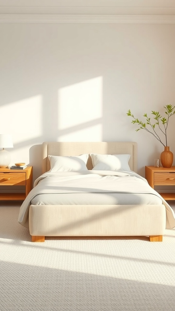 A cozy bedroom featuring a beige bed, natural wood nightstands, and soft white walls.