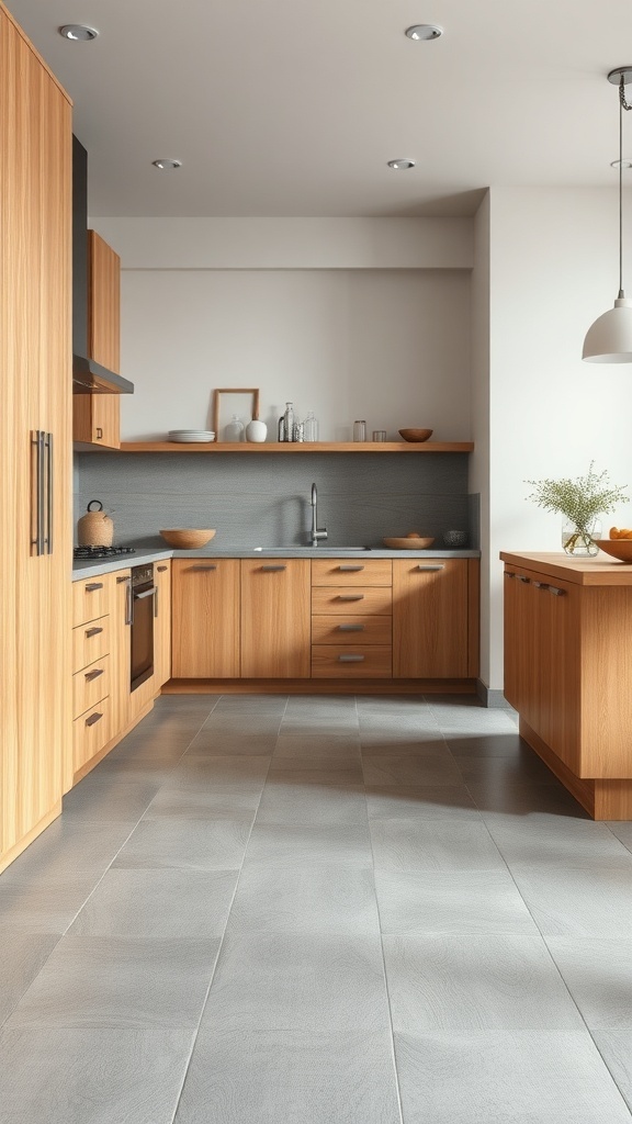 A modern kitchen featuring natural wood cabinets in oak with gray flooring.