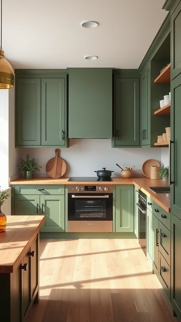 A modern kitchen featuring green cabinets and natural wood accents, creating a warm and inviting atmosphere.