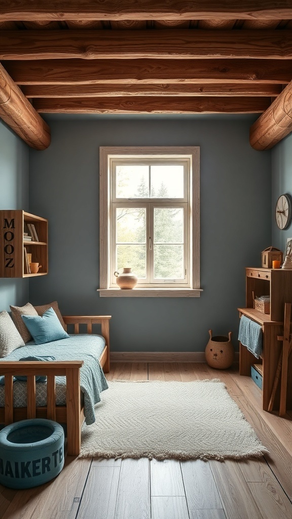 A cozy boys room featuring natural wood tones and dusty blue walls.