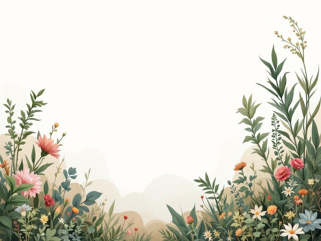 A floral arrangement featuring various plants and flowers in soft colors.