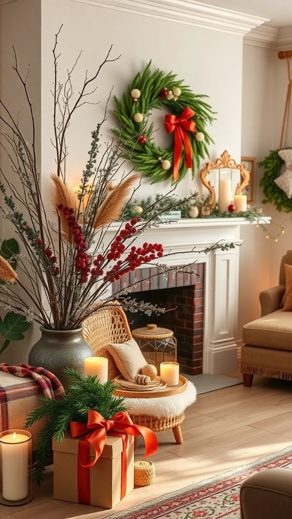 A cozy living room decorated for Christmas with a nature-inspired theme, featuring a green wreath, dried florals, and candles.