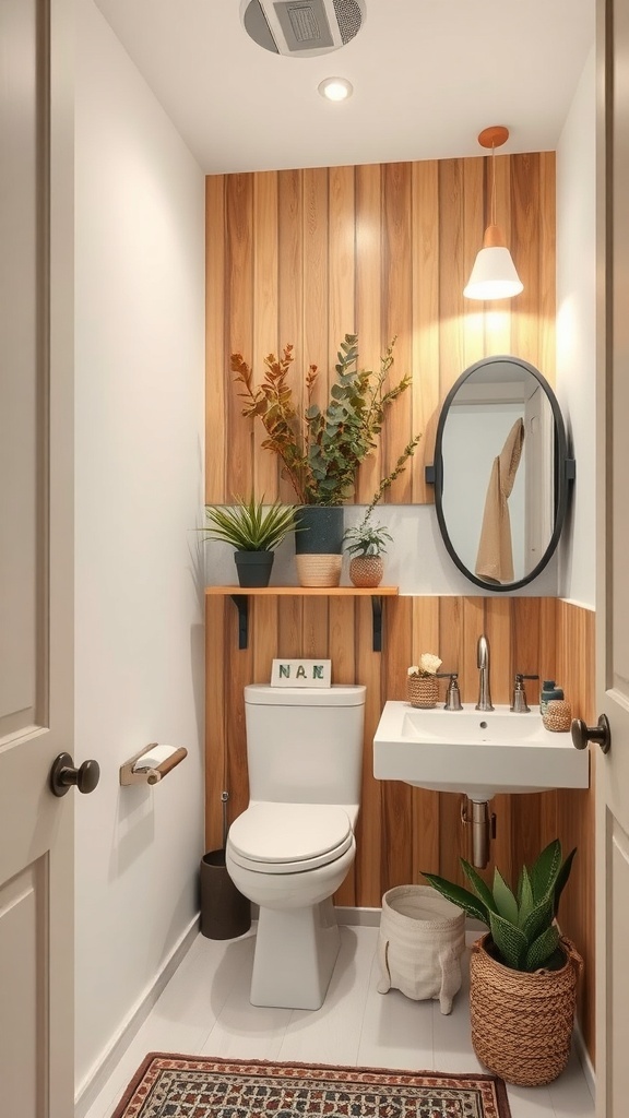 A cozy powder room featuring wooden wall paneling, plants, a round mirror, and a stylish light fixture.