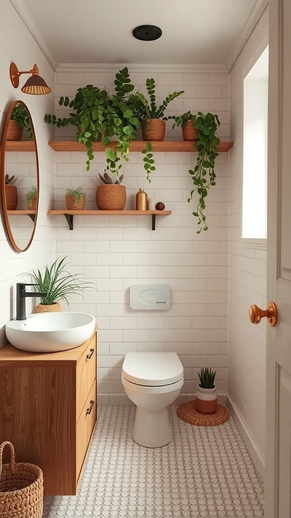 A small bathroom featuring plants on shelves, a wooden vanity, and a round mirror.