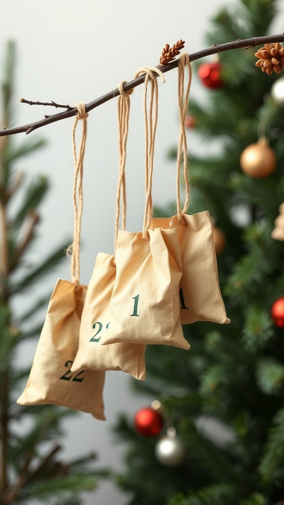Nature-inspired advent calendar with numbered fabric pouches hanging from a branch.