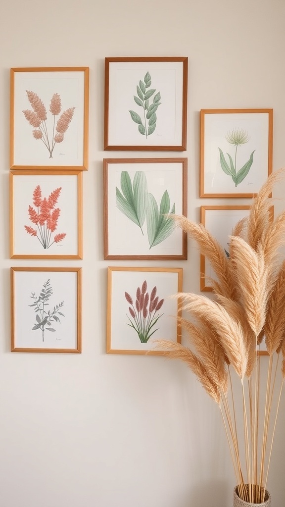 A collection of nature-themed botanical prints in wooden frames on a wall, with dried pampas grass in a vase.
