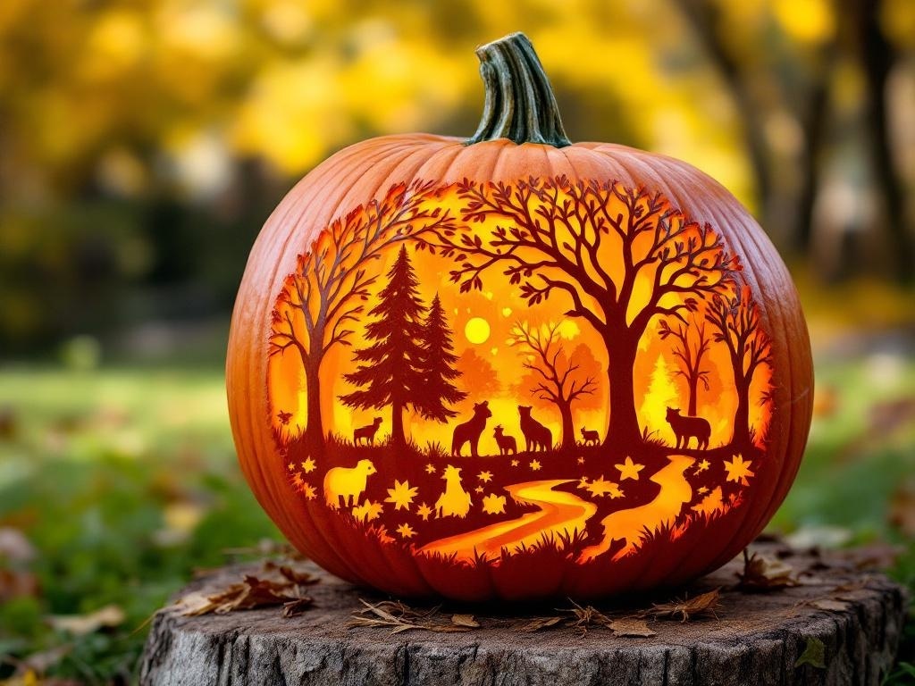 A beautifully carved pumpkin featuring a nature scene with trees and animals illuminated from within.