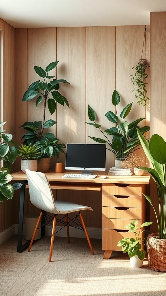 A nature-inspired corner workspace featuring a wooden desk, a comfortable chair, and various indoor plants.