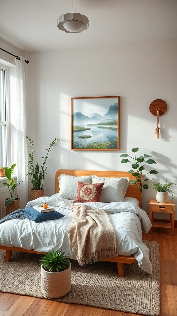 A cozy bedroom with nature-inspired decor, featuring plants, soft textiles, and landscape art.