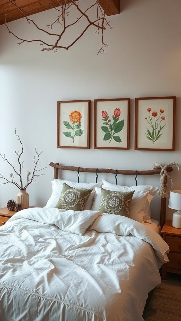 A rustic bedroom with botanical prints on the wall, a wooden bed frame, and natural decor elements.