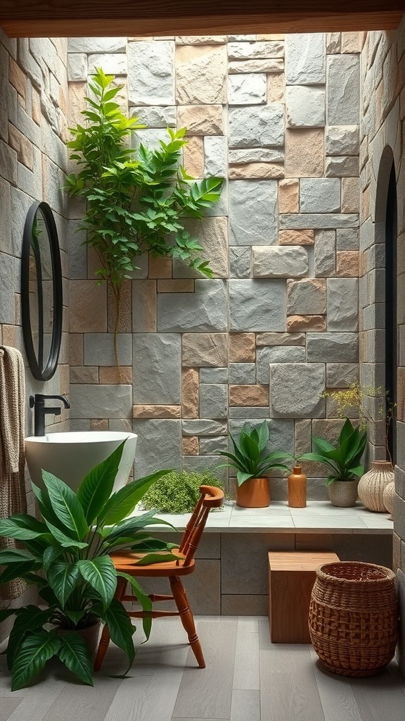 A nature-inspired bathroom featuring a stone wall, potted plants, and wooden decor.