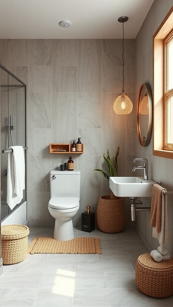 A serene bathroom with stone walls, wooden ceiling, and greenery, featuring soft lighting and natural decor.