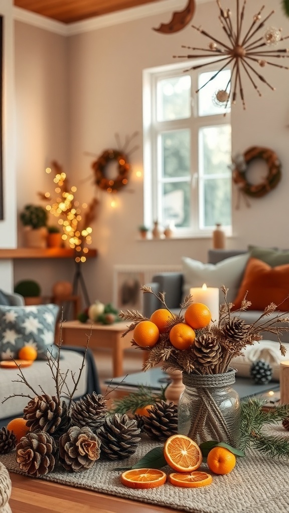 A cozy living room decorated with nature-inspired elements like pinecones, oranges, and greenery.