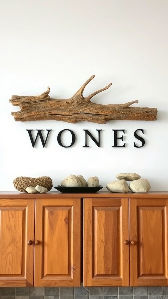 Nature-inspired decor featuring driftwood and stones above kitchen cabinets.