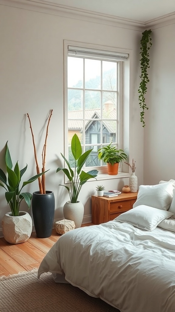 A nature-inspired bedroom featuring plants, wooden accents, and soft bedding.