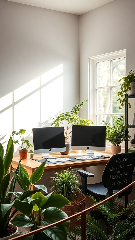 A nature-inspired dual monitor office with plants and natural light.