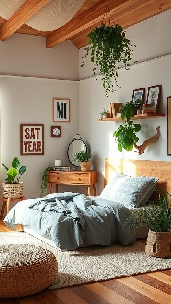 A stylish boys' bedroom featuring natural elements like plants, wooden furniture, and a light color palette.