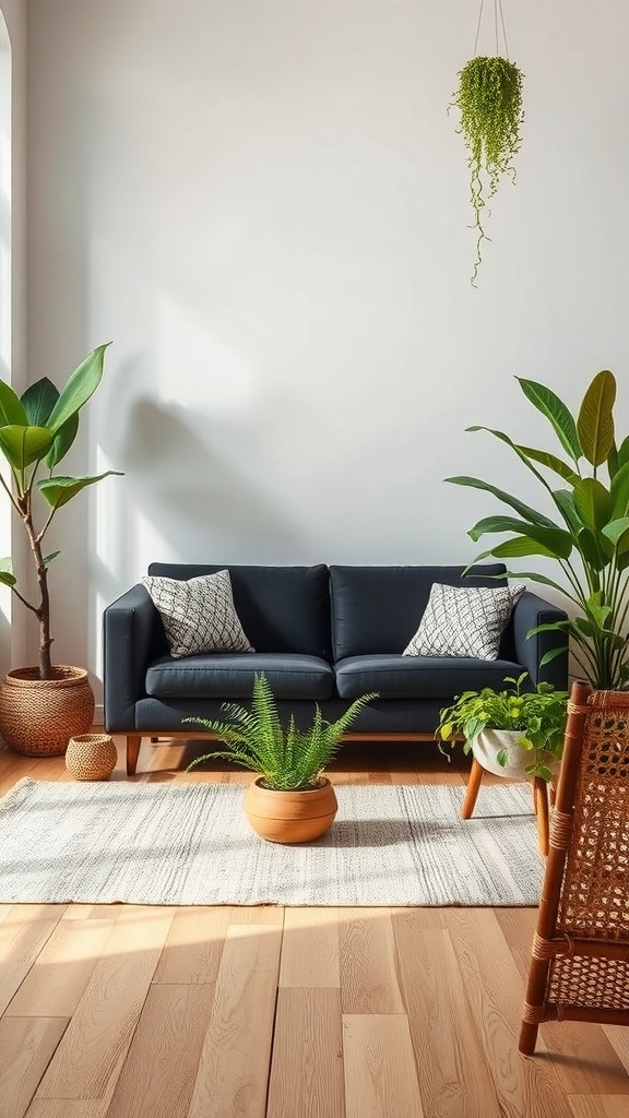 A modern living room featuring a chic black sofa surrounded by various green plants, creating a nature-inspired atmosphere.