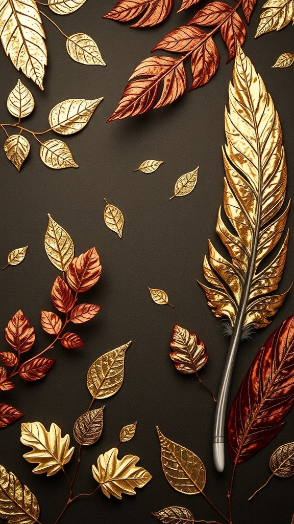 Nature-inspired foil leaf and feather prints in various metallic colors