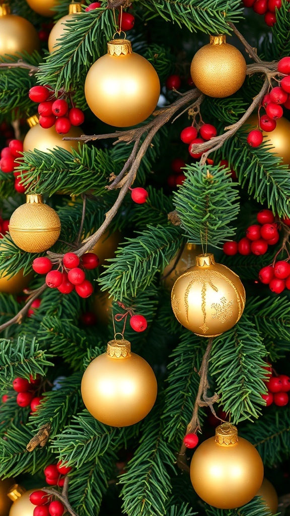 A close-up of a Christmas tree with gold ornaments and red berries.