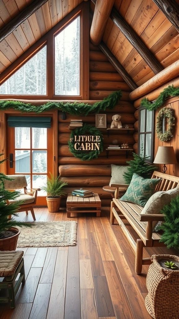 Cozy cabin interior with wooden walls, green plants, and warm decor
