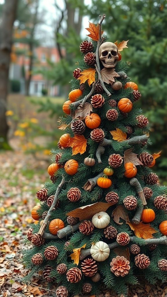 A nature-inspired Halloween tree decorated with pumpkins, pinecones, autumn leaves, and a skull on top.