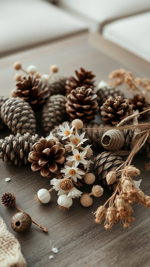 An arrangement of pinecones and dried flowers on a wooden surface.