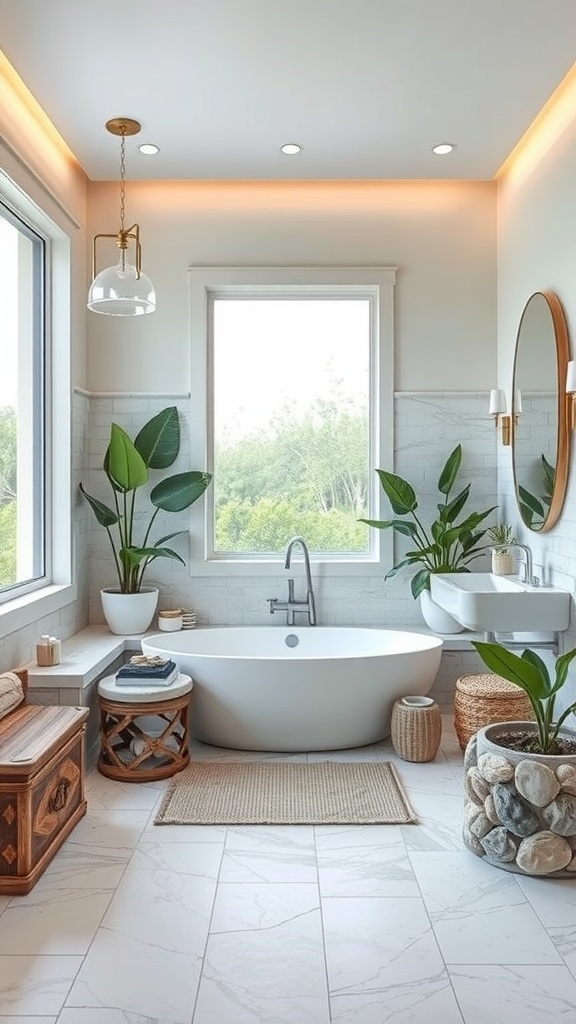 A modern bathroom featuring a large window with greenery outside, a white bathtub, plants, and wooden accents.