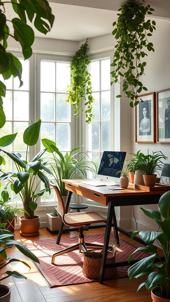A bright home office with a wooden desk, a comfortable chair, and various indoor plants.