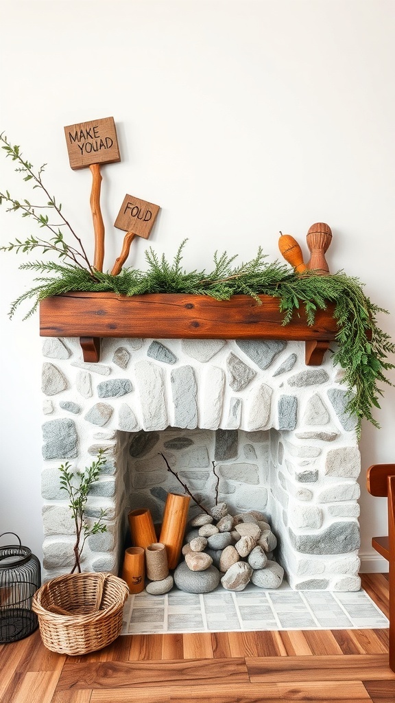 A rustic stone fireplace mantel decorated with greenery, wooden signs, and natural elements.