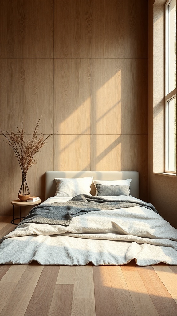 A serene Japandi bedroom featuring natural wood surfaces, a low-profile bed with neutral bedding, and a small side table with a vase of dried plants.