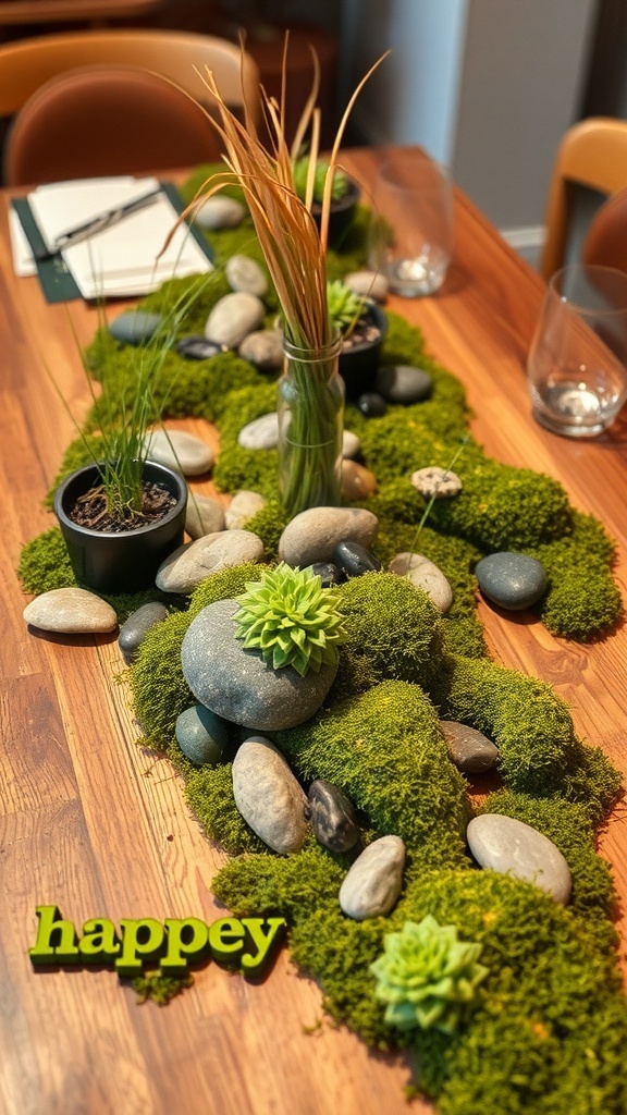 A nature-inspired table decor featuring moss, stones, and potted plants.