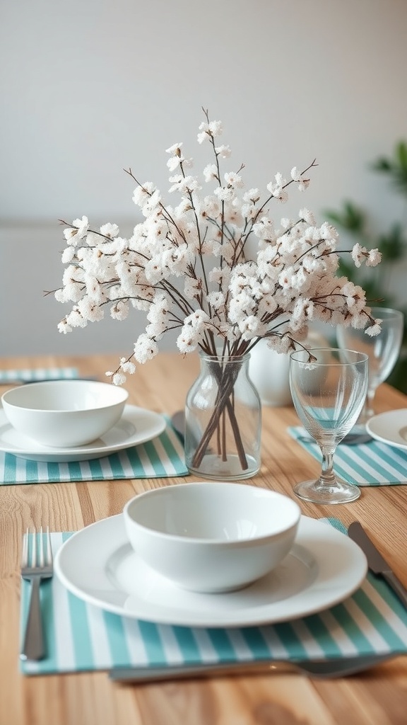 A nature-inspired spring table setting featuring white dishes, striped placemats, and a vase of white blossoms.