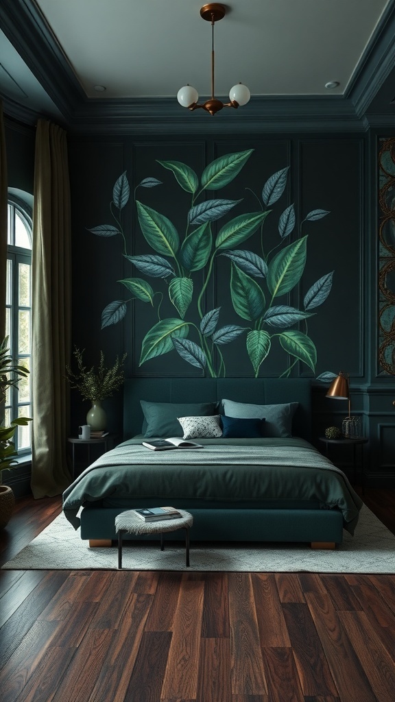 A cozy bedroom featuring dark teal walls and a leafy mural, complemented by a teal bedspread and wooden flooring.