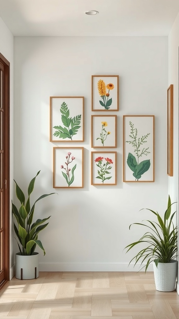 Nature-inspired wall art featuring botanical prints in wooden frames, complemented by potted plants in an entryway.