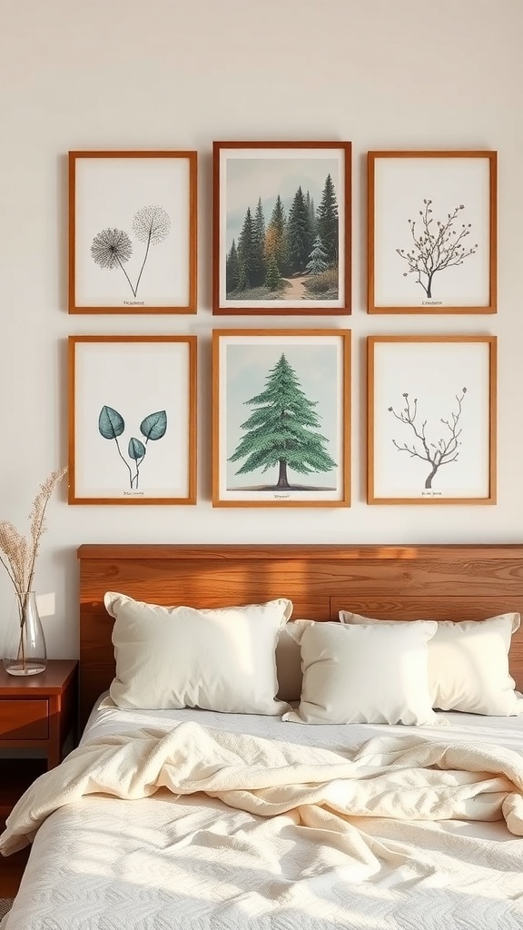 A collection of nature-inspired wall art featuring botanical prints in wooden frames above a cozy bed.