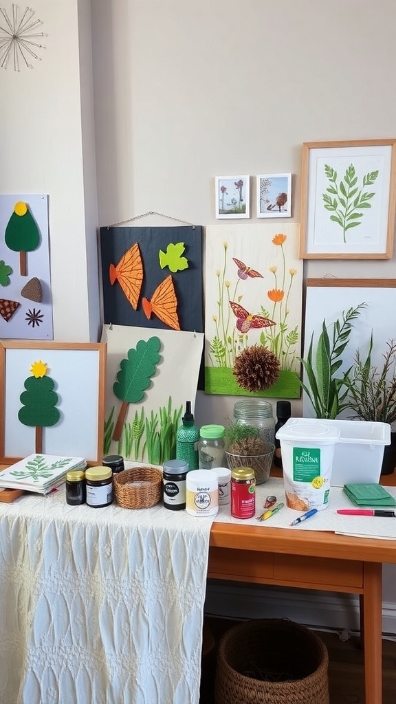 A workspace filled with nature-themed DIY projects, including colorful paper cutouts and jars of crafting supplies.