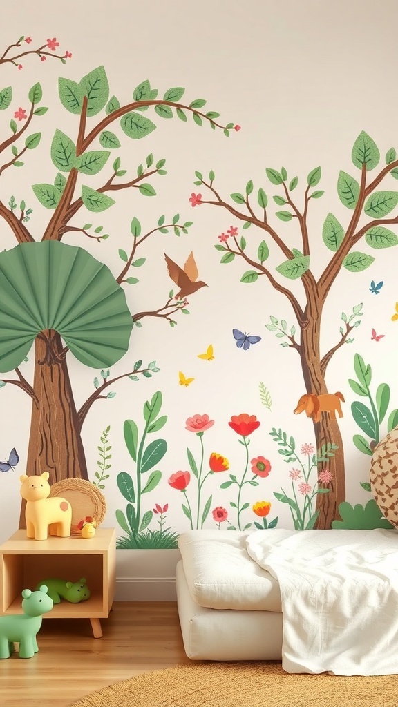 Colorful nature-inspired wall mural in a kids' room featuring trees, flowers, and animals.