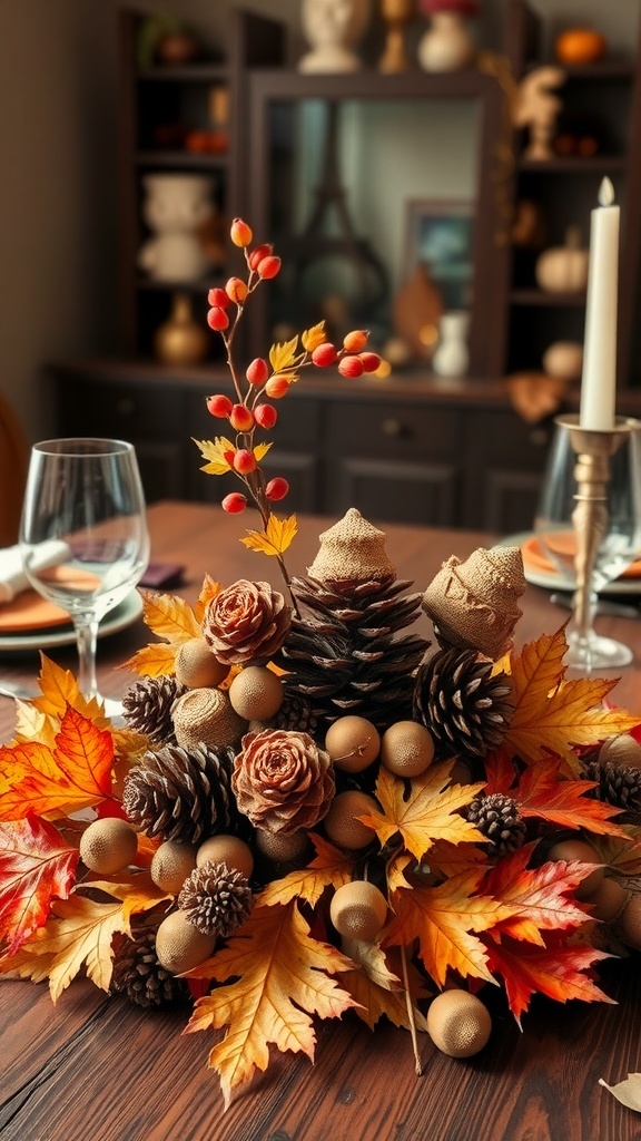 A Thanksgiving table centerpiece made of autumn leaves, pinecones, and decorative balls.