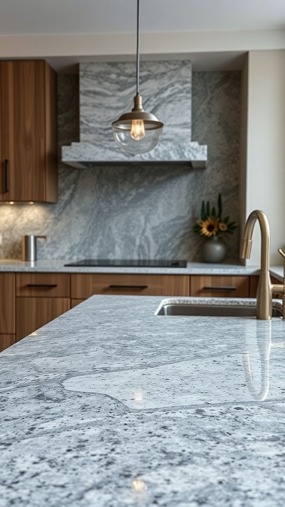 A kitchen featuring Marinace Blue Granite countertops with wooden cabinetry and modern lighting.