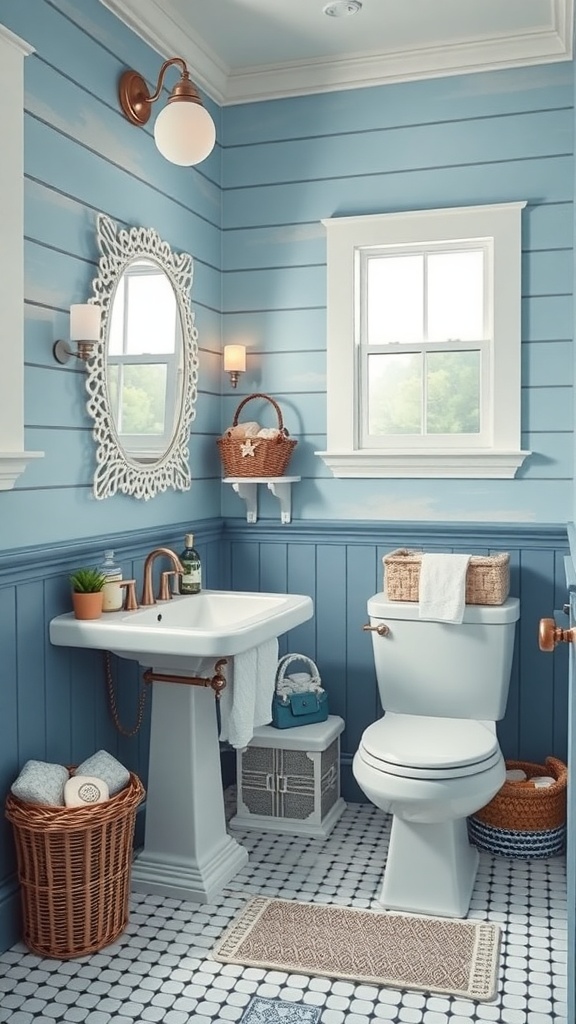 A coastal bathroom featuring soft blue walls, white accents, and copper fixtures, with natural elements like woven baskets and plants.