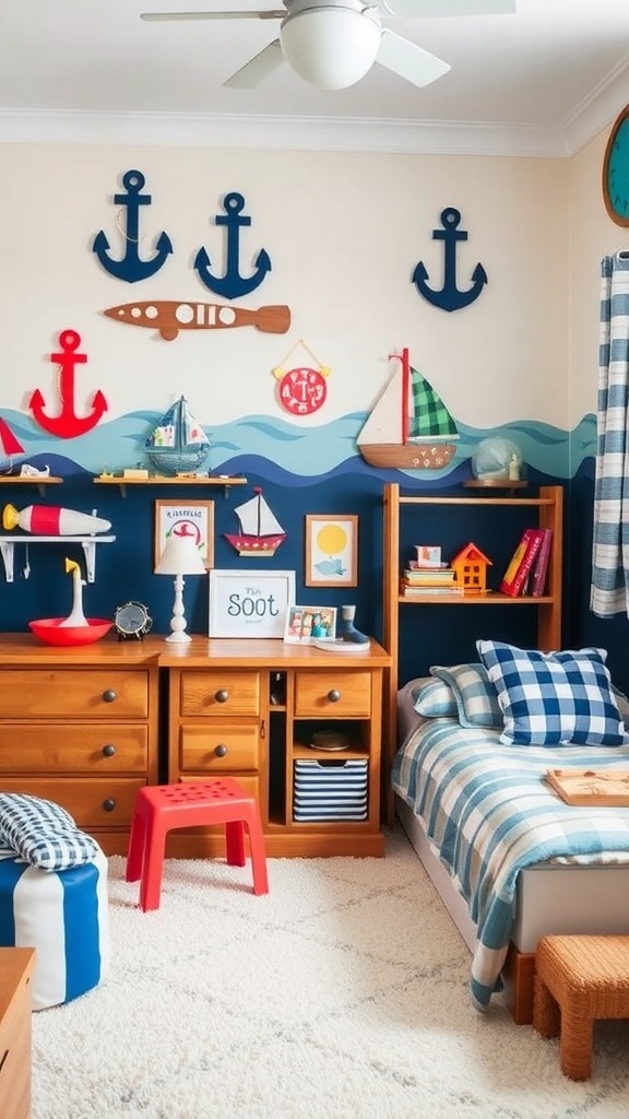 A nautical-themed boy's room with anchors, model boats, and a blue and white color scheme.