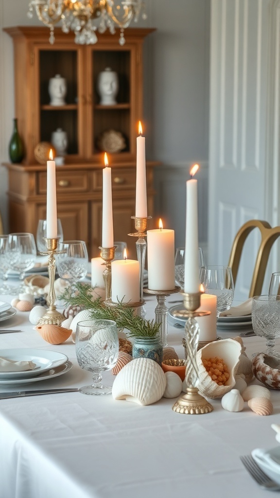 A beautifully set table with seashells, candles, and greenery for a nautical-themed centerpiece.