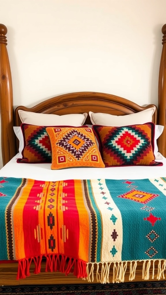 A Southwestern bedroom featuring Navajo textile accents with a colorful blanket and patterned pillows on a wooden bed.