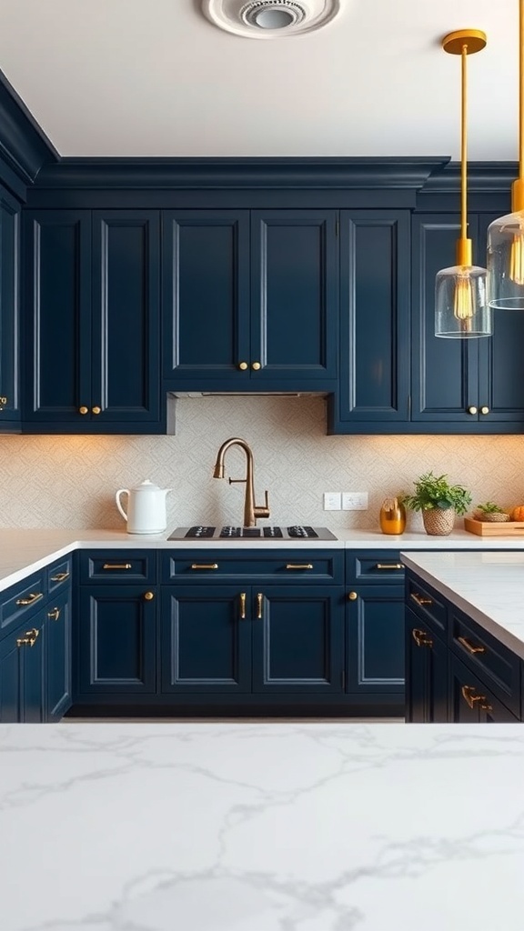 A modern kitchen featuring navy blue cabinets with gold hardware and pendant lights, complemented by marble countertops.