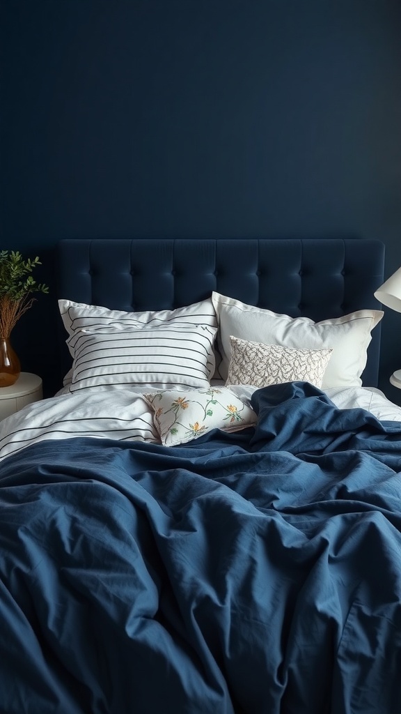 A cozy navy blue bed with various pillows and a soft duvet, styled for comfort.
